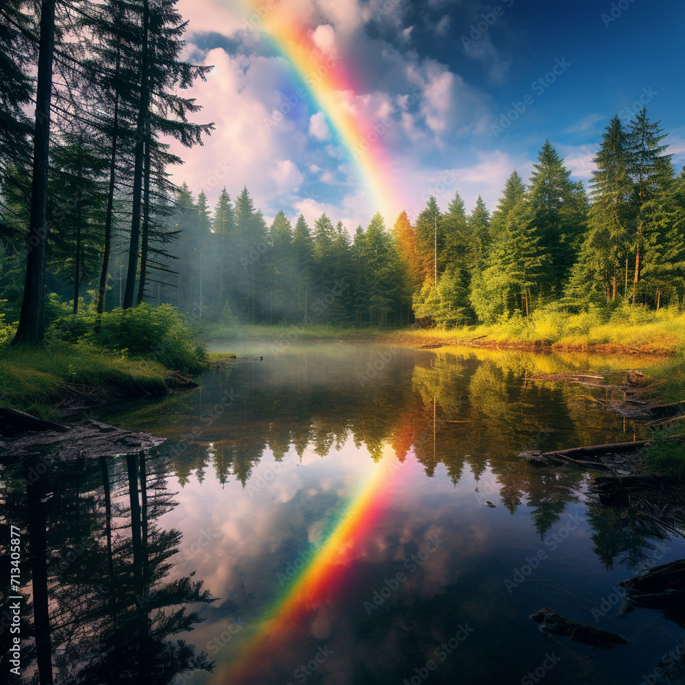 Rainbow lake in a forest Rainbow lake in a forest