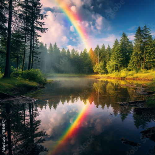 Rainbow lake in a forest