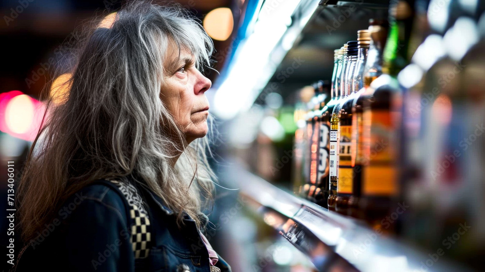 Unhealthy female alcoholic looking at shelves with liquor Unhealthy female alcoholic looking at shelves with liquor