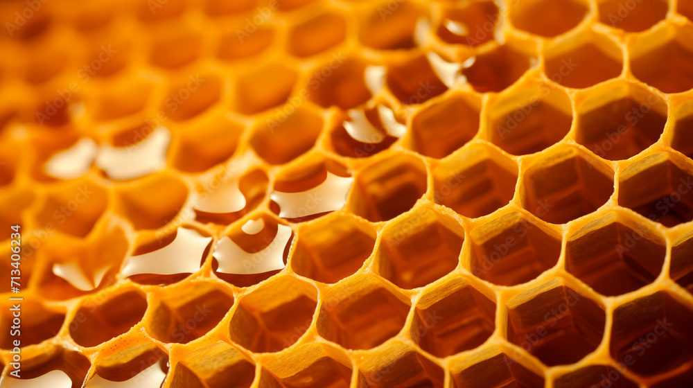 Macro section of wax honeycomb from a bee hive filled with raw golden honey. Background texture and pattern of a honeycomb, Close up - obrazy, fototapety, plakaty 