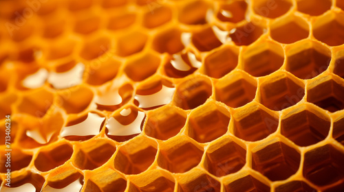 Macro section of wax honeycomb from a bee hive filled with raw golden honey. Background texture and pattern of a honeycomb, Close up photo