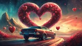 valentine s day concept with car and heart shape on bokeh background