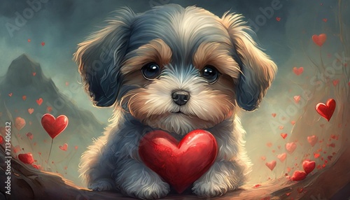 lover valentine havanese puppy with a red heart photo