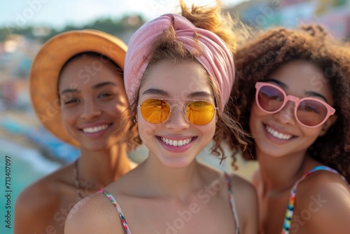 A trio of friends, alluring and happy, capture summer moments with beach selfies and laughter.