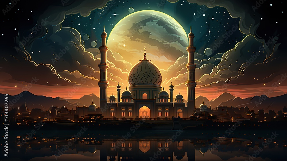 Fototapeta premium Big mosque in a city at night under a big moon with a beautiful sky, Ramadan Kareem concept illustration