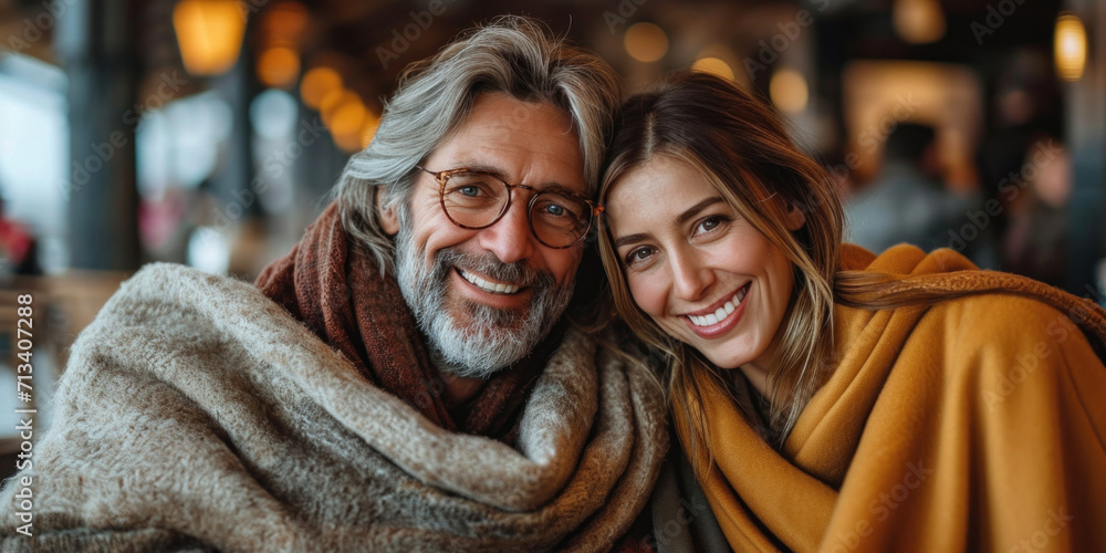 Fototapeta premium A happy mature couple on a winter date, affectionately covering up on a restaurant terrace.