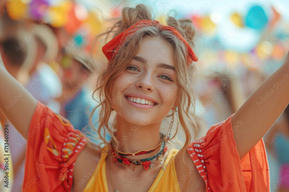 Fototapeta premium A cheerful, carefree woman in a colorful costume, dancing at a beach festival with vibrant energy.