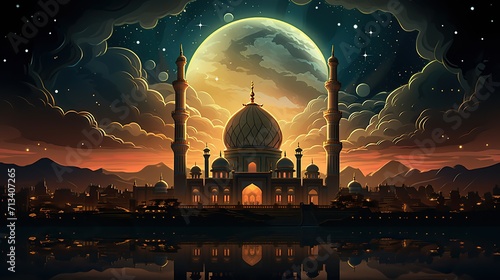 Big mosque in a city at night under a big moon with a beautiful sky, Ramadan Kareem concept illustration photo