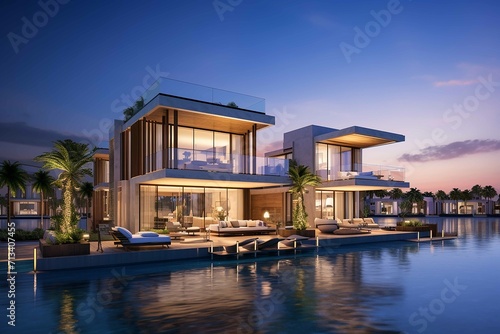 luxurious residential side of Palm Jumeirah. Showcase the spectacular villas and apartments  highlighting their unique architectural designs