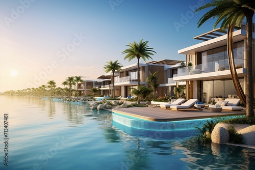 luxurious residential side of Palm Jumeirah. Showcase the spectacular villas and apartments, highlighting their unique architectural designs photo
