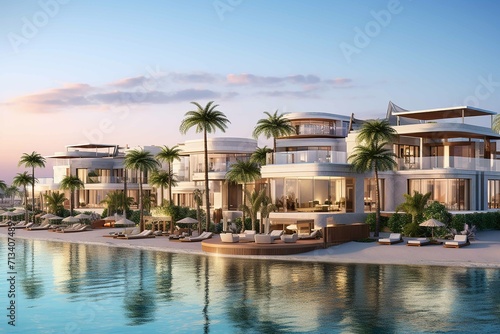 luxurious residential side of Palm Jumeirah. Showcase the spectacular villas and apartments, highlighting their unique architectural designs
