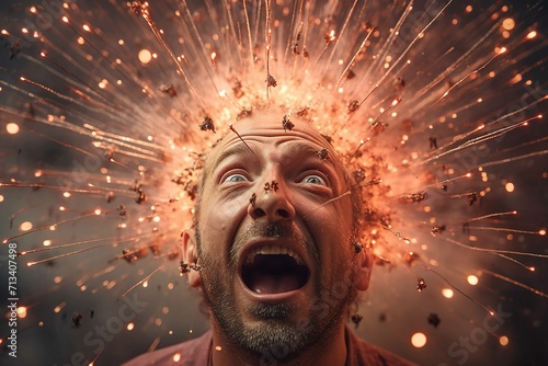 Man's face with firecrackers coming out of his head