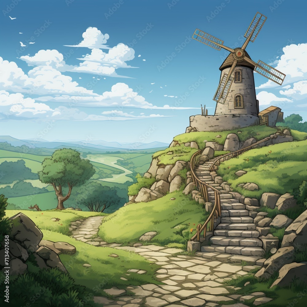 Cell shaded video game style stone windmill Ai generated art