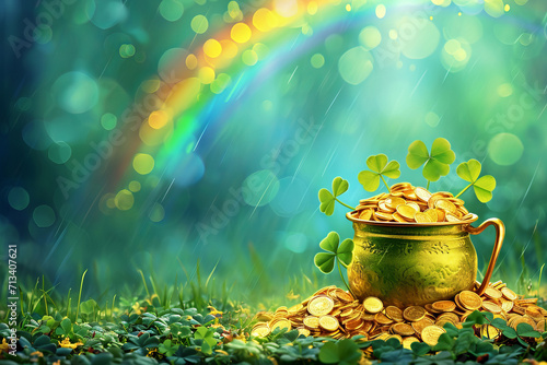 Big pot with gold coins, clover leaves and a rainbow above it. St. Patrick's Day celebration concept.