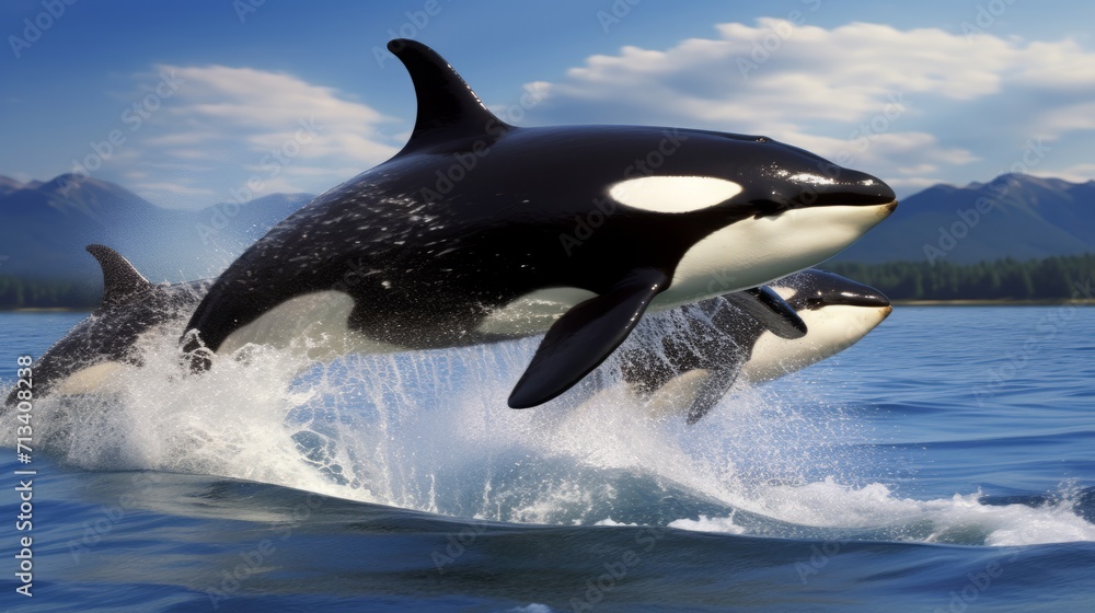 Fototapeta premium Killer whales jumping in the deep ocean 