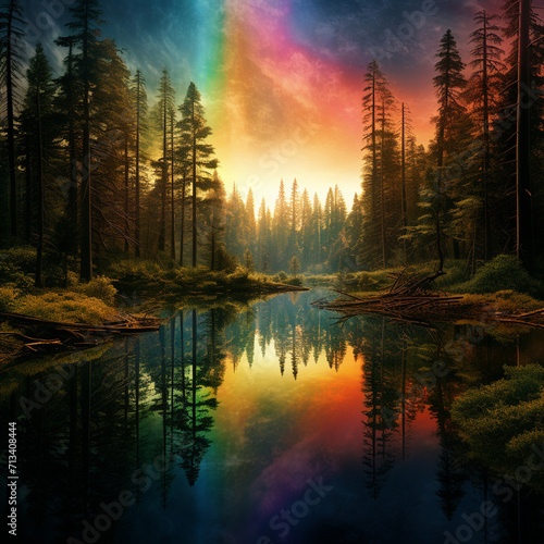 Rainbow lake in a forest