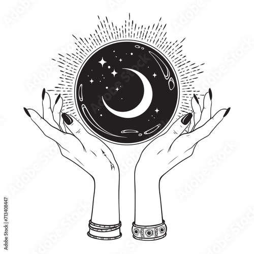 Magic crystal ball with crescent moon and stars in hands of fortune teller line art and dot work. Boho chic tattoo, poster or altar veil print design vector illustration