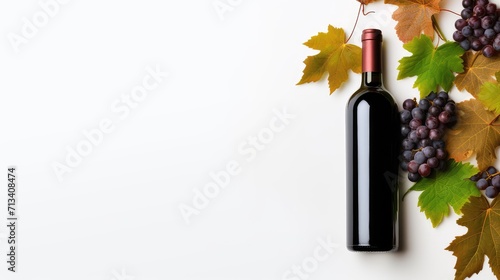 Bottle of red wine with ripe grape berries and vine leaves on a white background