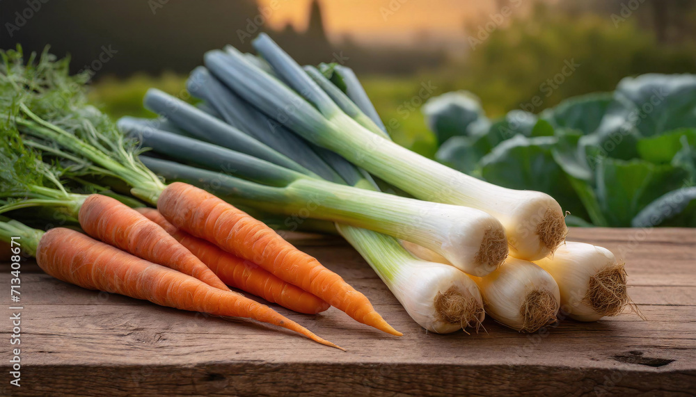 Poireaux et carottes sur la table en bois dans le jardin potager, jardinage et légumes frais - IA générative Poireaux et carottes sur la table en bois dans le jardin potager, jardinage et légumes frais - IA générative