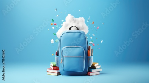 Full School Backpack with Books on Blue Background photo