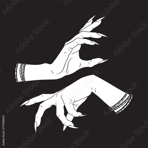 Hand drawn female witch or vampire hands. Flash tattoo, sticker, patch or print design vector illustration.