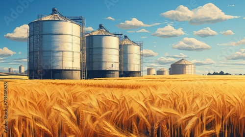 Silos in Wheat Field: Agricultural Product Storage, Agricultural Business and Production Illustration photo