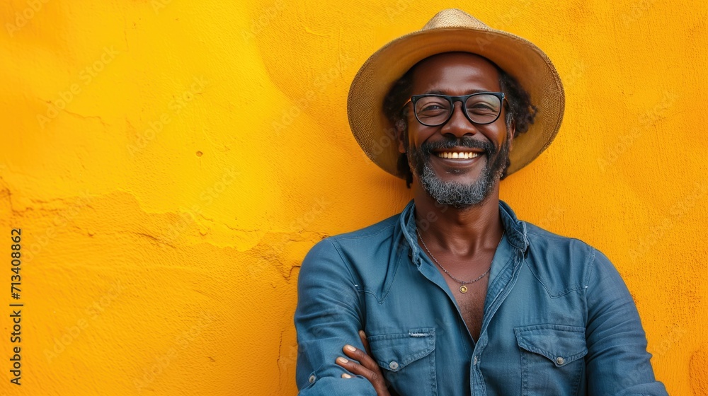 Señor mayor, mediana edad, tranquilo riendo, camisa azul apoyado en ...