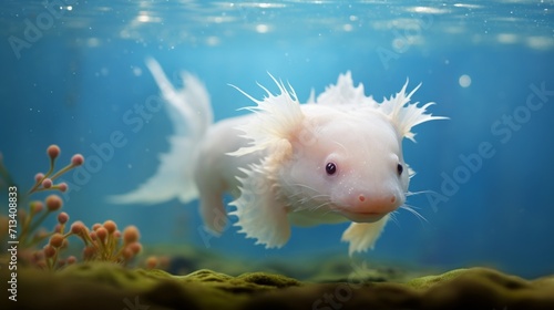 Amazing rare white fish Axolotl in aquarium