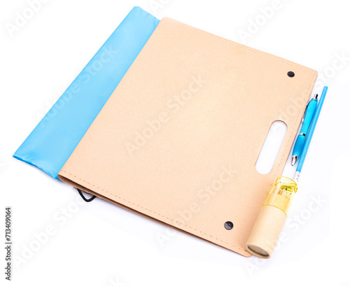 Closed folder with school or office supplies, isolated.