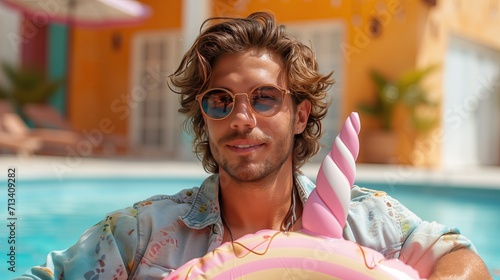 Hombre joven sujetando un flotador de unicornio, de su hija, pasando unas estupendas vacaciones en una villa con piscina, con gafas de sol, camisa estampada, colores azules y amarillo mostaza, feliz photo