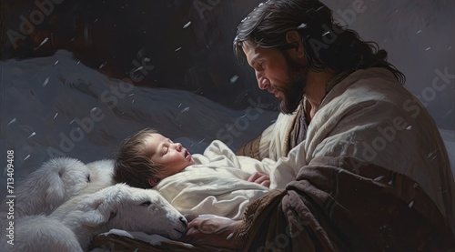 A father's unconditional love encapsulated in a peaceful slumber with his newborn child in a humble manger, as a mother's gentle gaze watches over them