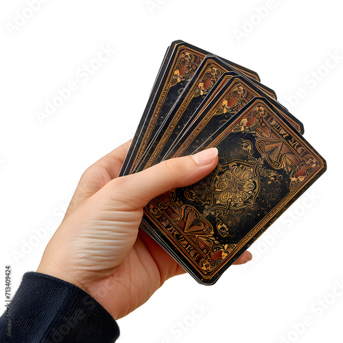 Hand holding a tarot card deck isolated on white background, detailed, png 