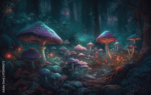 A colorful cluster of aquatic mushrooms thrive in the depths of the reef, surrounded by a diverse community of organisms in this enchanting underwater garden