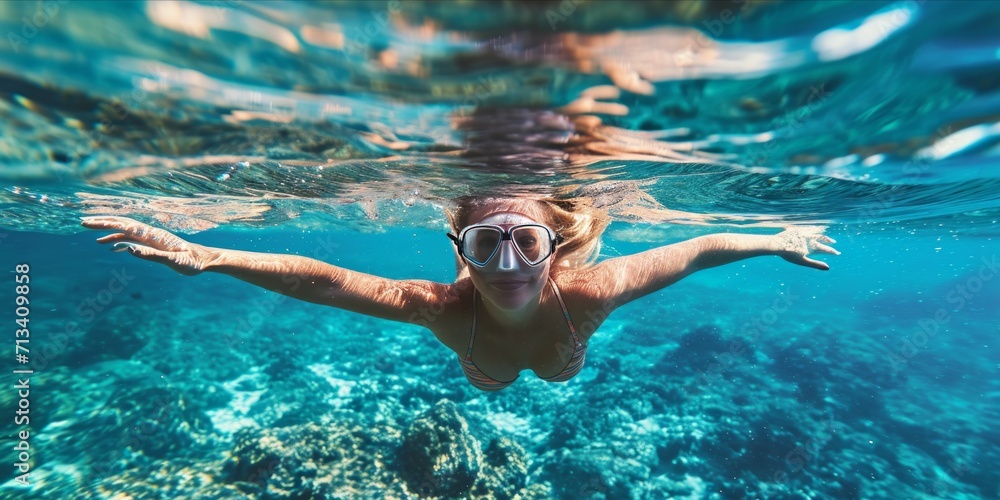 closeup Woman with mask dive in tropical blue sea.