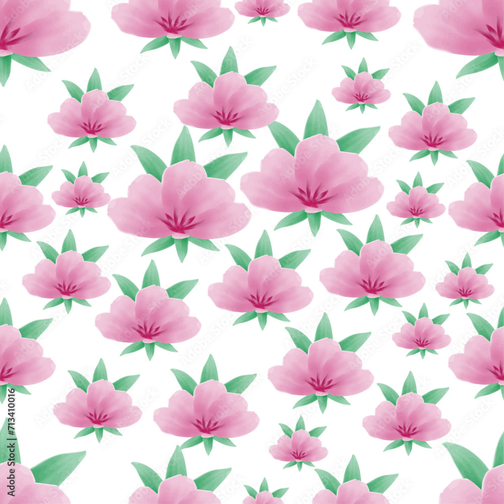 seamless pattern with pink flowers and green leaves.