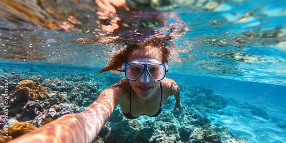 closeup Woman with mask dive in tropical blue sea.