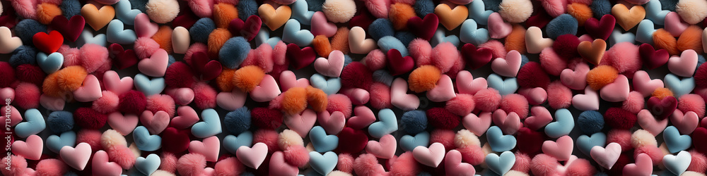 Fototapeta premium Seamless pattern. Plush hearts. Happy valentine's day 14 February celebration . Toys, decoration. Poster, ultra wide banner, header, place for text. Design graphics element. Generative AI Content