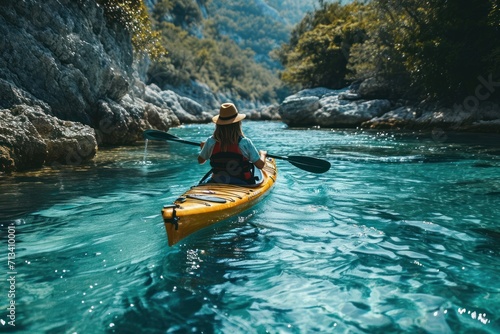 A girl kayaking in the sea © yuliachupina