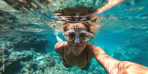 closeup Woman with mask dive in tropical blue sea. photo