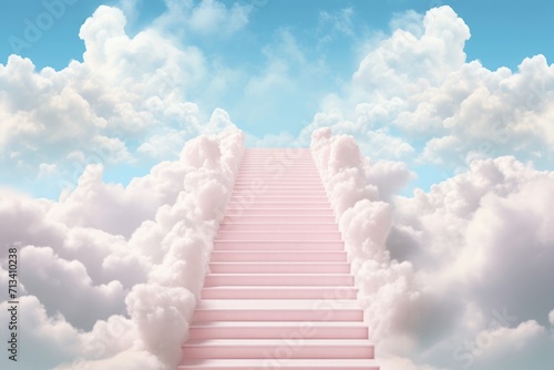 Foto Stairway to heaven through white clouds in blue sky background.