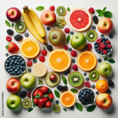 Assorted fresh ripe fruits and vegetables. Food concept background. View from above.