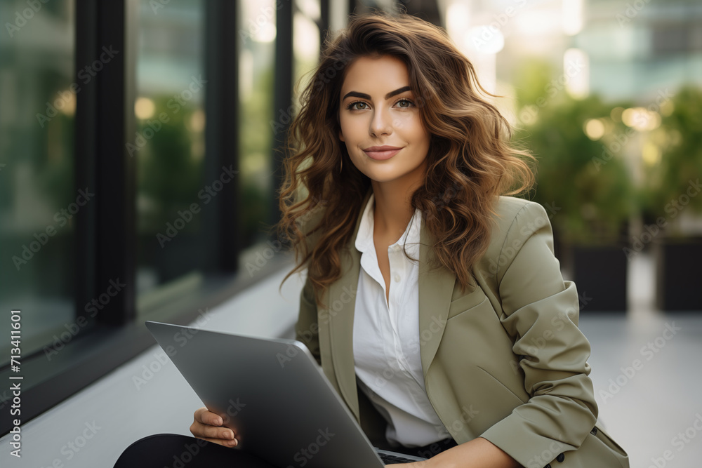 mujer de negocios delante de gran edificio de negocios ,cara con gesto contenido,sonriendo y disfrutando de la tranquilidad con su ordenador portátil en sus brazos. mujer de negocios delante de gran edificio de negocios ,cara con gesto contenido,sonriendo y disfrutando de la tranquilidad con su ordenador portátil en sus brazos.