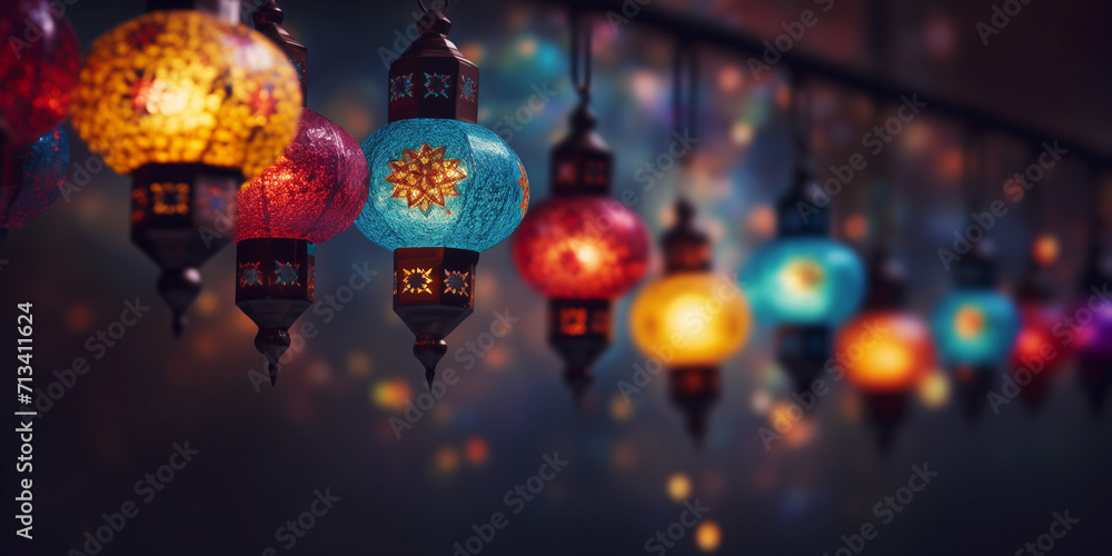 Islamic colorful lanterns hanging from the ceiling in a row. Colorful lamps, traditional turkish chandelier. - obrazy, fototapety, plakaty 
