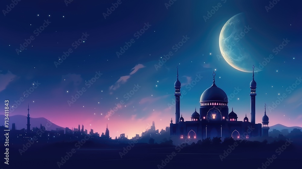 Ramadan Kareem celebration background illustration with Mosque and moon.