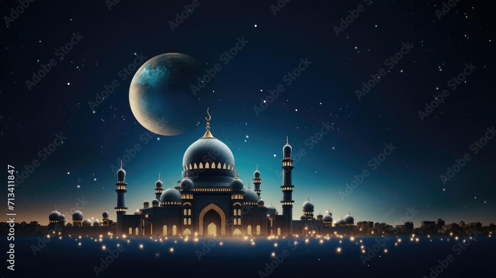 Ramadan Kareem celebration background illustration with Mosque and moon.