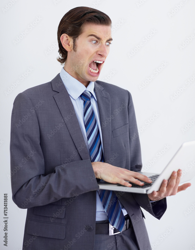 Face, businessman and scream with laptop in studio for glitch mock up on white background. German person, consultant or corporate with technology for error, 404 or mistake on website, internet or app Face, businessman and scream with laptop in studio for glitch mock up on white background. German person, consultant or corporate with technology for error, 404 or mistake on website, internet or app