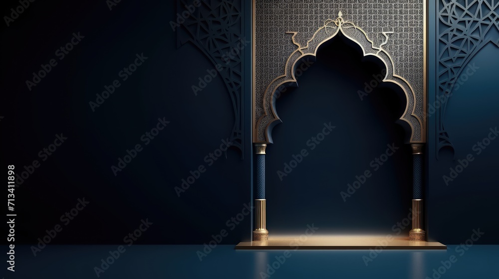 Illustration of Ramadan Kareem background with mosque Islamic style arches and Arabic patterns. - obrazy, fototapety, plakaty 