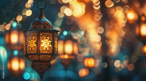 Ramadan Kareem celebration background illustration with Mosque, arabic lanterns and moon. © Thanaphon