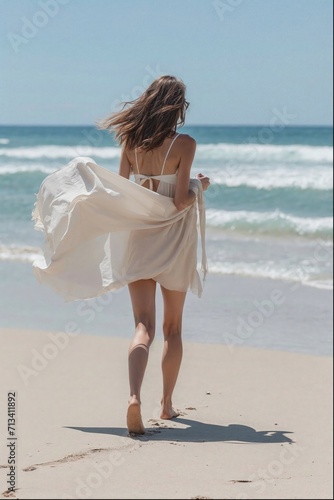 woman holding pareo while walking barefoot on the beach photo