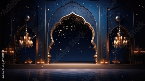Illustration of Ramadan Kareem background with mosque Islamic style arches and Arabic patterns. photo